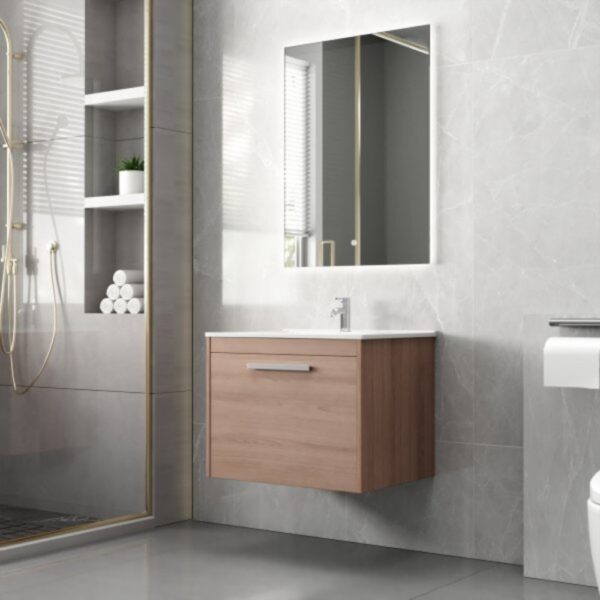 Badrumspaket 60 cm  Kommod i MDF | Keramiskt tvättställ & LED-spegel | Dimbar belysning | Elysia