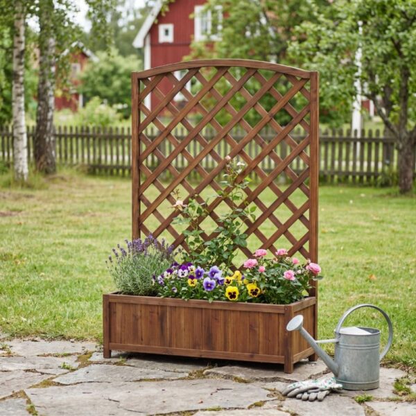 Blomlåda med spalje i trä | 80×30×120 cm | För klätterväxter | Brun