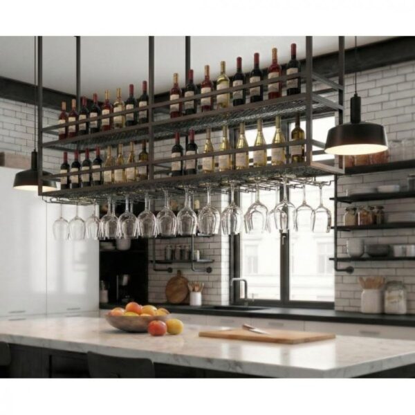 Takhängd vinhylla för köksö | Vin & glashållare | 160×30 cm | Svart