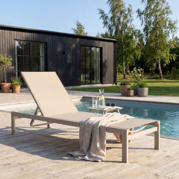 Solbädd i aluminium & textilene 2-pack | Justerbar solsäng för pool | Copacabana Beige