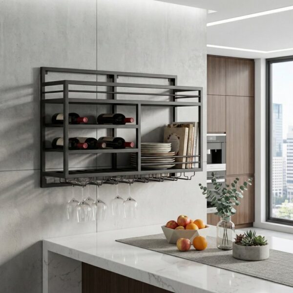 Vinhylla vägghängd | Vin & glasförvaring | Tom höger | 99 × 25 × 65 cm | Obsidian