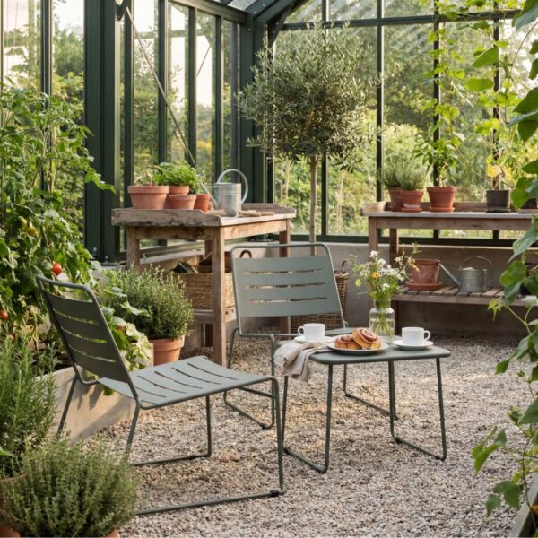 Caféset i stål  Olivgrönt balkongset för små uteplatser | Hjalmar