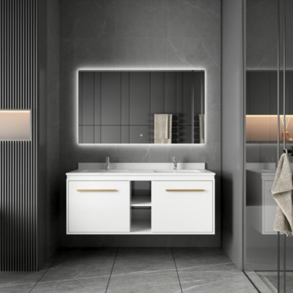 Badrumspaket 120 cm  Kommod med dubbla keramiska tvättställ & LED-spegel | Mjukstängning